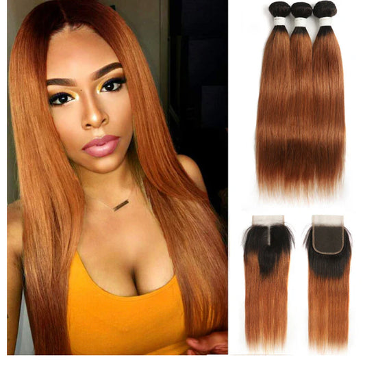 Lushlanes Ombre 1B/30 Straight Hair 3 Bundles With Closure 4×4 pre Colored 100% virgin human hair