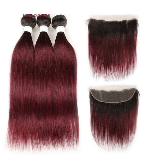 Lushlanes 1B/99J Ombre Straight Hair 3 Bundles With 13x4 Lace Frontal Pre Colored