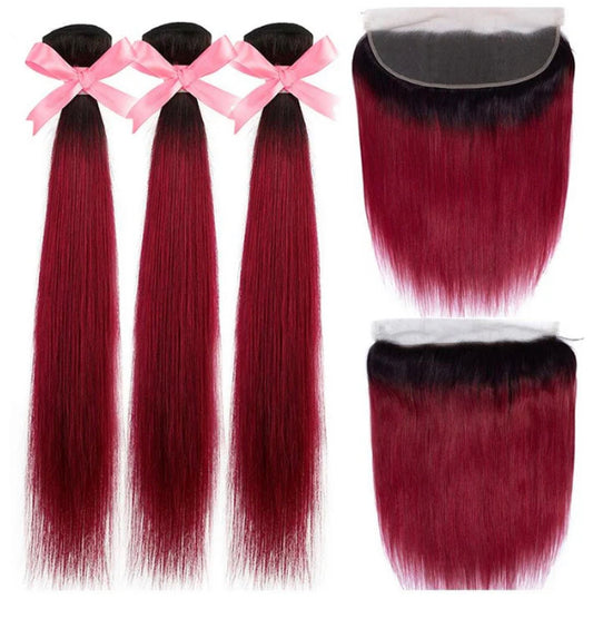 Lushlanes 1B/BURG Ombre Straight Hair 3 Bundles With 13×4 Lace Frontal Pre Colored