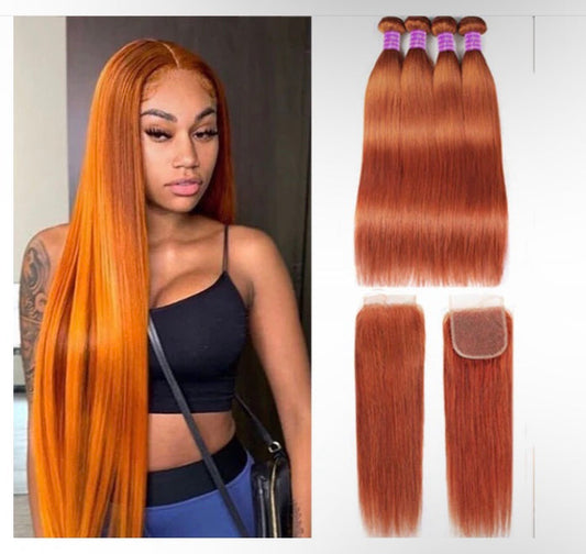 Lushlanes 350 cheveux raides couleur gingembre 4 paquets avec fermeture 4 × 4 LaceBrazilian 100% Extension de cheveux humains