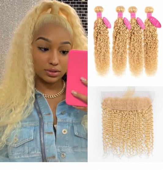 Lushlanes 613 Blonde water Wave 4 Bundles with 13×4 Frontal with transparent lace