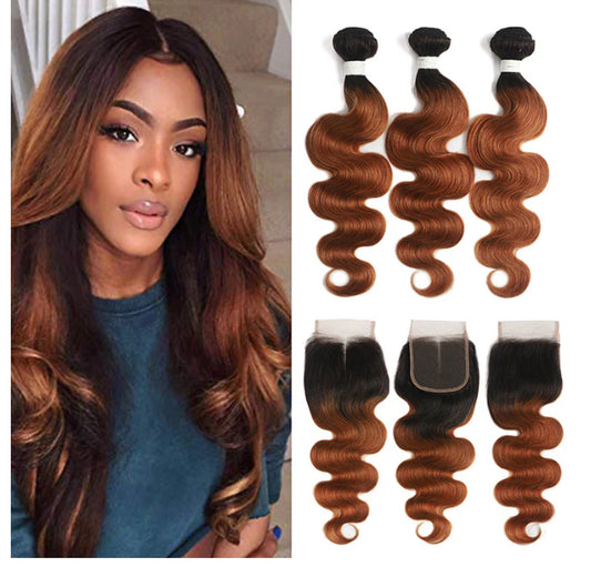 Lushlanes Ombre 1B/30 Body Wave 3 Bundles With Closure 4x4 pre Colored 100% virgin human hair