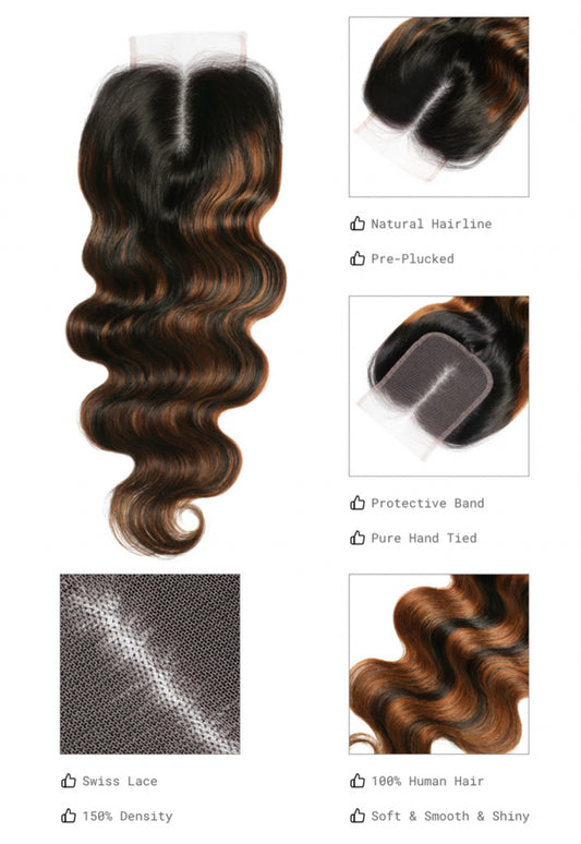 Lushlanes Balayage Ombre Highlight Body Wave 4x4 Partie libre Fermeture en dentelle 1 pièce