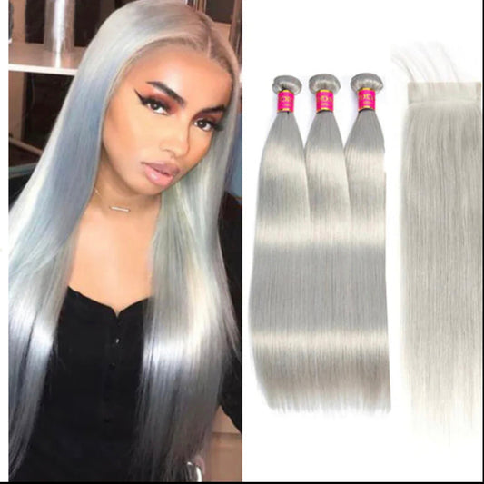 Lushlanes silver Grey Straight 3 Bundles With 4x4 Closure 100% Remy Human Hair