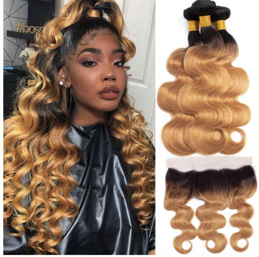 Lushlanes 1B/27 Ombre Body Wave 3 Bundles With 13×4 Lace Frontal Pre Colored