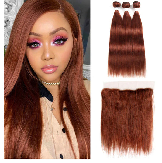 Lushlanes color #33 straight hair 3 Bundles With 13×4 Lace Frontal Pre Colored