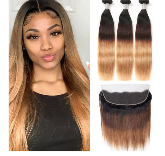 Lushlanes 1B/4/27 Ombre Straight 3 Bundle With 13X4 Lace Frontal 100% Human Hair In Extensions