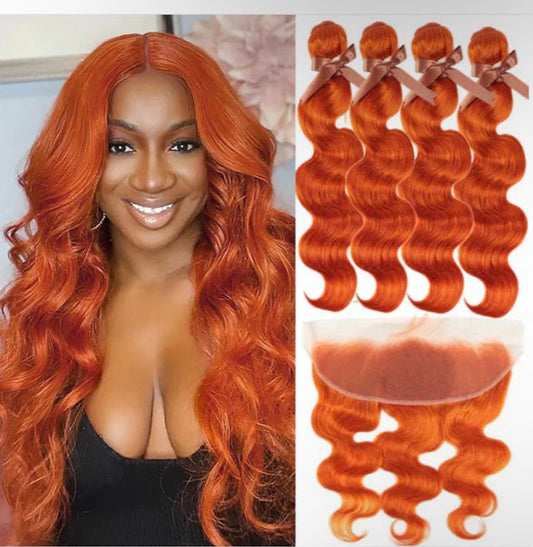 Lushlanes #350 Ginger Colored Body Wave 4 Bundles With 13×4 Lace Frontal