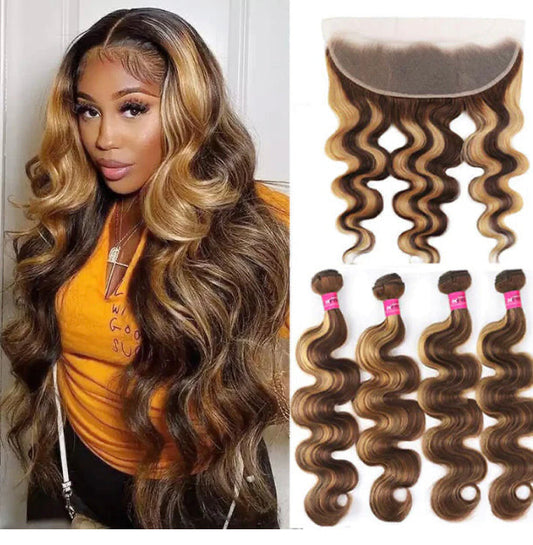 Lushlanes Highlight P4/27 Body Wave 4 Bundles With 13×4 Transparent Lace Frontal Pre-Colored